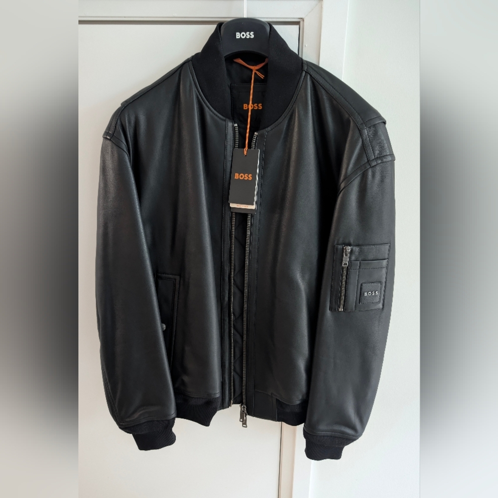 BOSS Black Leather bomber Jacket. New With Tags  Size M
